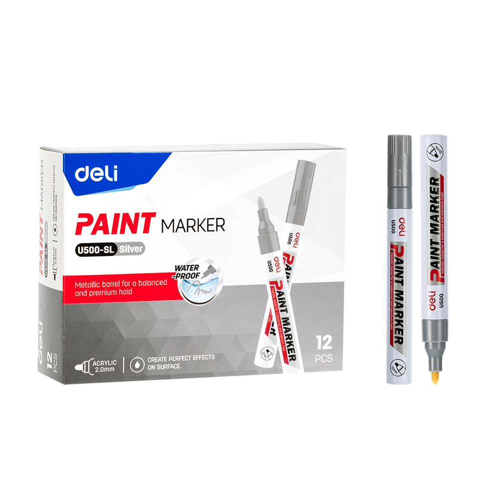 Marcador Acrílico Deli Punta Redonda 2 mm Base Aceite Tinta Plateada *UMV 1 caja de 12 und*