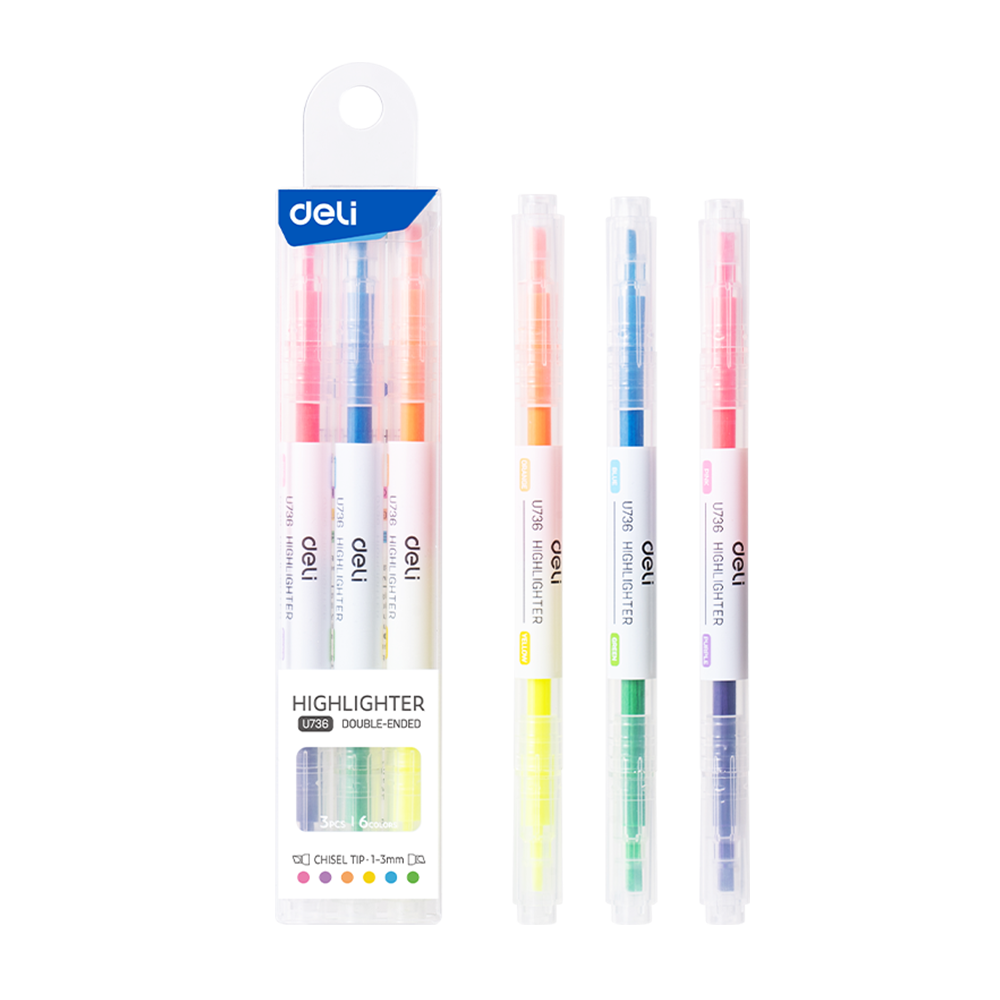 Set de resaltador 6 colores doble punta/biselada 1-3mm Deli *UMV-Inner 12 sets*