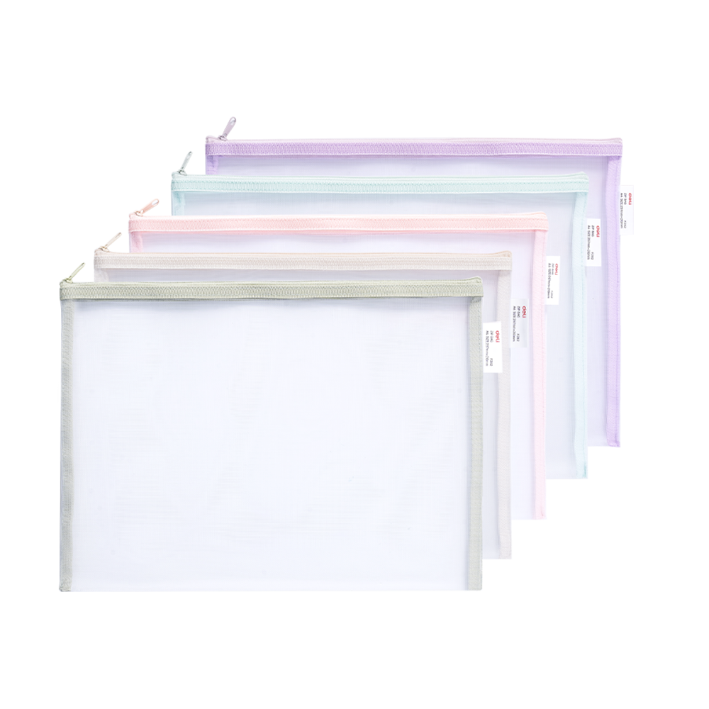 Sobre Multiuso con Cierre (Zip Bag) Deli Colorful A4 Malla de Poliéster 0.33 mm Colores Surtidos *UMV-1pack de 10 und*