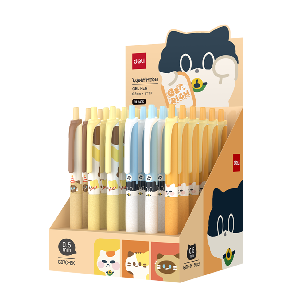 Boligrafo de Gel Retráctil Lucky Meow 0.5 mm Tinta Negra Deli *UMV-Display 36 und*