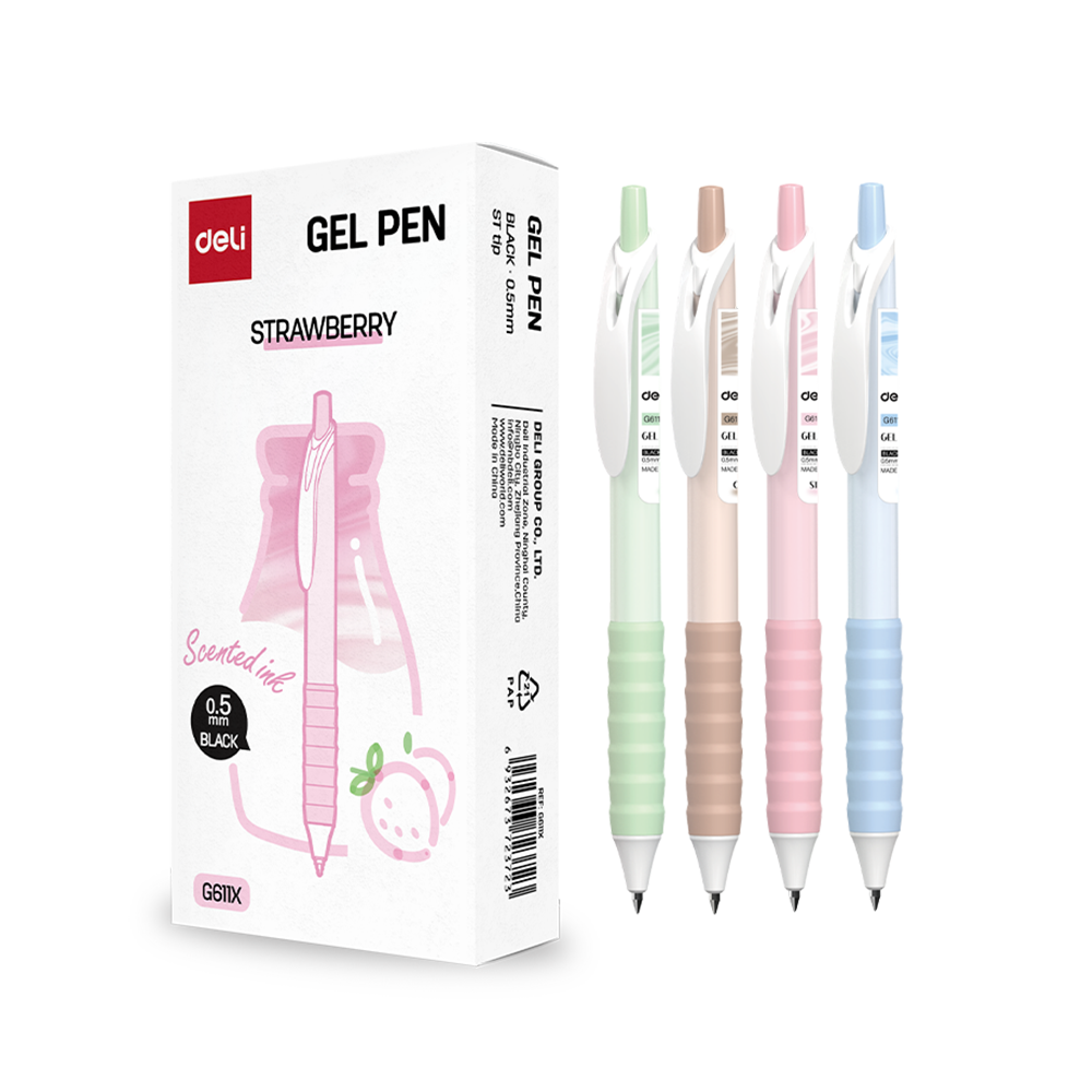 Boligrafo de Gel Retráctil Tinta Negra Aroma Fresa Punta ST 0.5 mm Deli *UMV-1 caja de 12und*