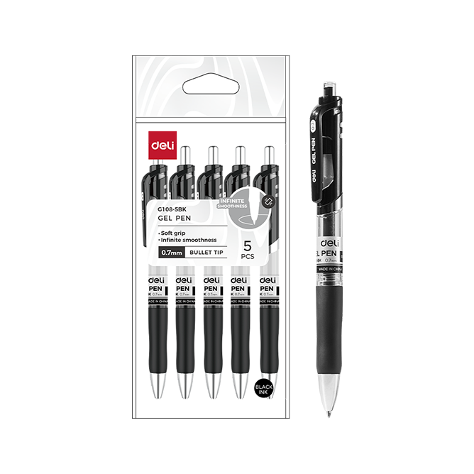 Bolígrafo de Gel Negro Ejecutivo Retráctil 0.7 mm Deli Bolsa 5 und *UMV-1 bolsa*